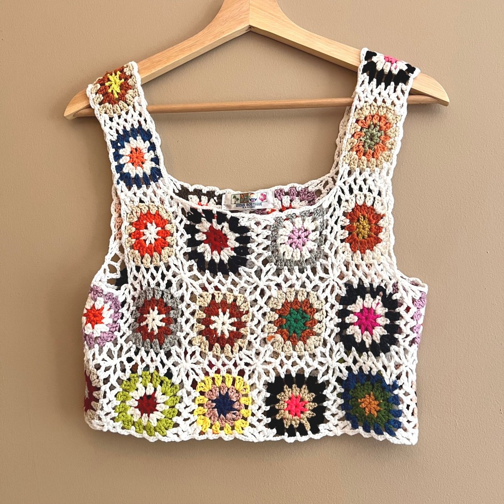 India Boutique Crochet Granny Square Crop Top Multi Color Boho Festival Tank